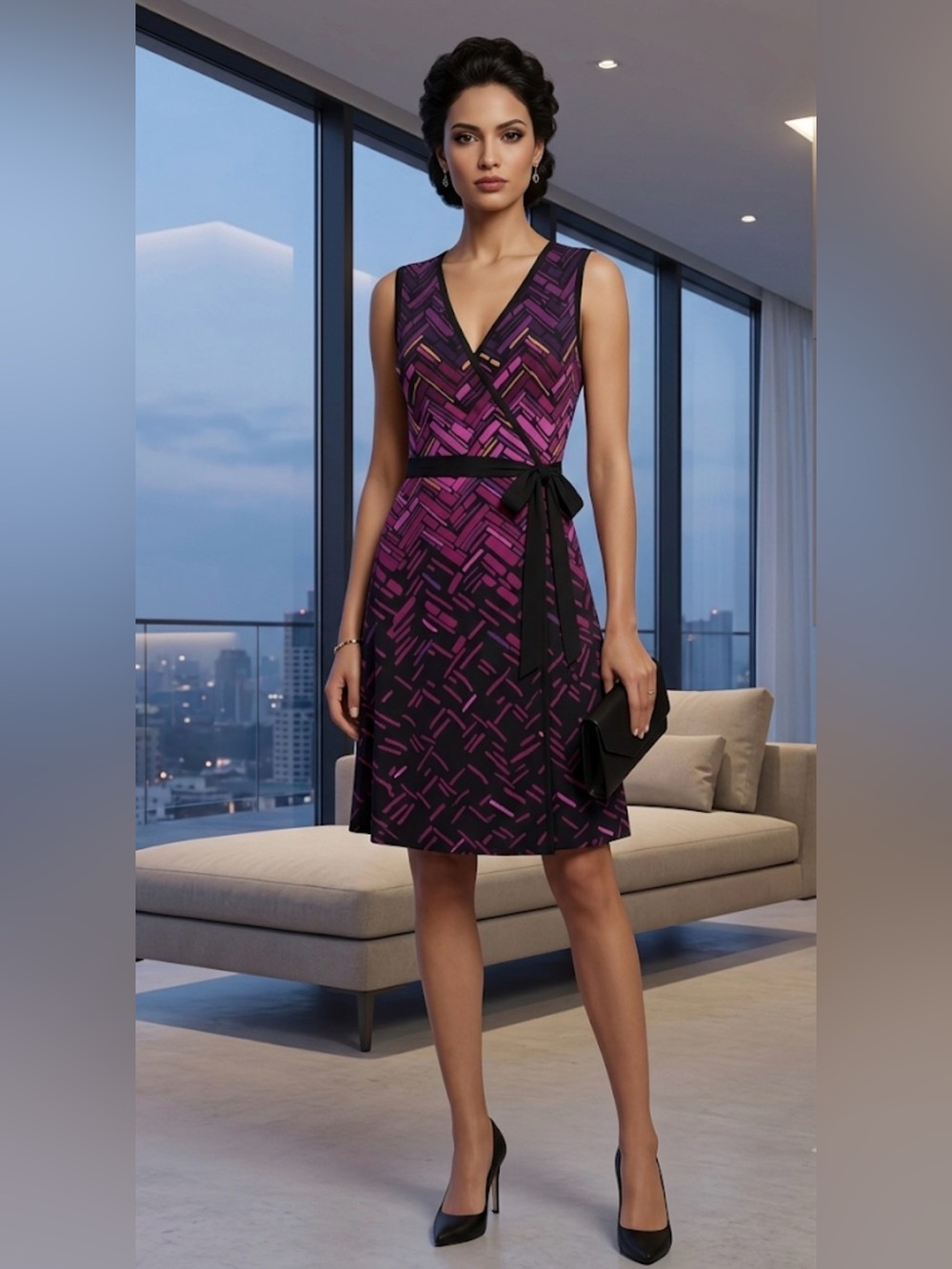 Apt.9 Sleeveless Purple Patterned Wrap Dress with Black Sash